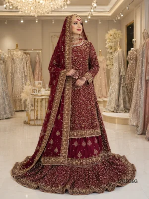 Maroon Embroidered Shirt with Lehenga — back view | Jabeenz UK