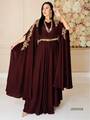 Maroon Georgette Silk Pocho-Style Kaftan Dress — detail view | Jabeenz UK