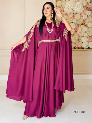 Maroon Georgette Silk Pocho-Style Kaftan Dress — close-up view | Jabeenz UK