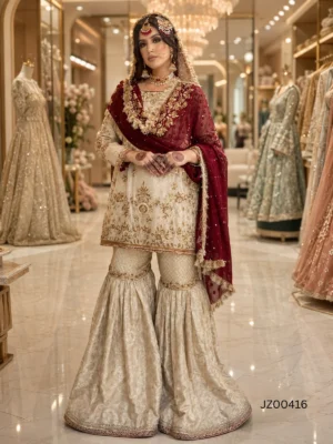 Golden Gharara with Maroon Dupatta — close-up view | Jabeenz UK