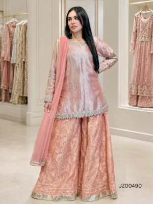 Peach Mirage Partywear Sharara Set — back view | Jabeenz UK