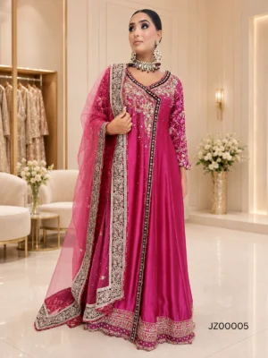 Hot Pink Tassel Silk Partywear Angarkha — styling view | Jabeenz UK