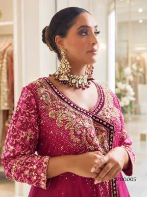Hot Pink Tassel Silk Partywear Angarkha — close-up view | Jabeenz UK