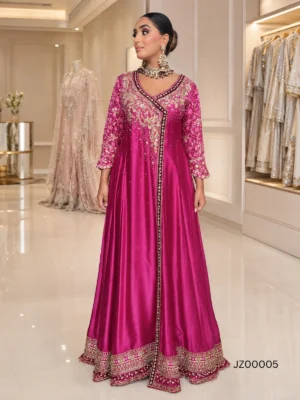 Hot Pink Tassel Silk Partywear Angarkha — back view | Jabeenz UK