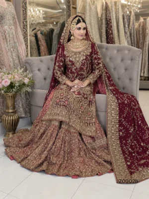 Mehr-e-Maroon Bridal Sharara — back view | Jabeenz UK