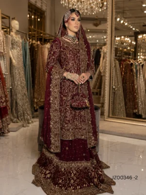 Maroon Bridal Farshi Lehenga — close-up view | Jabeenz UK