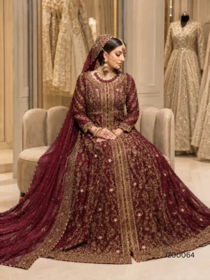 Maroon Front Open with Ivory Farshi — close-up view | Jabeenz UK