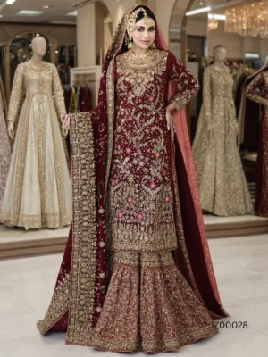 Mehr-e-Maroon Bridal Sharara — detail view | Jabeenz UK