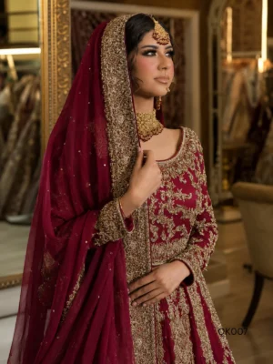 Red Chiffon Bridal Front-Open Dress with Lehenga — close-up view | Jabeenz UK