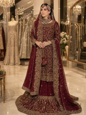 Maroon Bridal Farshi Lehenga — back view | Jabeenz UK