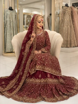 Maroon Embroidered Shirt with Lehenga — detail view | Jabeenz UK