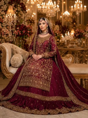 Maroon Farshi Lehenga with Tail — styling view | Jabeenz UK