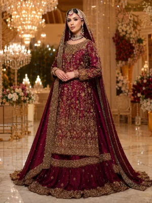 Maroon Farshi Lehenga with Tail — front view | Jabeenz UK