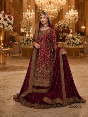 Maroon Farshi Lehenga with Tail — close-up view | Jabeenz UK