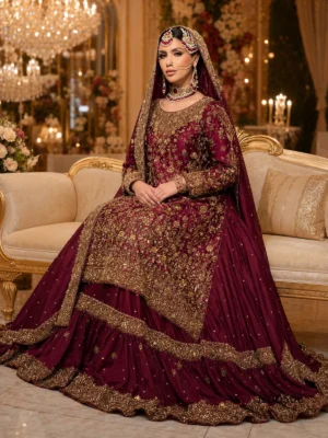 Maroon Farshi Lehenga with Tail — detail view | Jabeenz UK