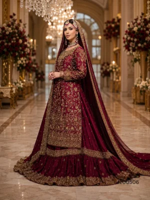 Maroon Farshi Lehenga with Tail — back view | Jabeenz UK