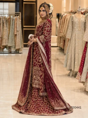Deep Red Farshi Lehenga — close-up view | Jabeenz UK