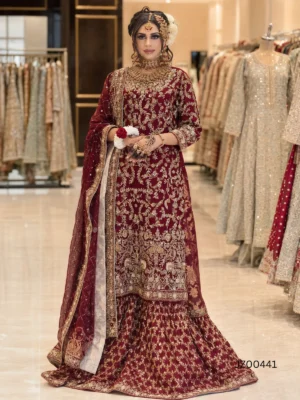 Deep Red Farshi Lehenga — front view | Jabeenz UK