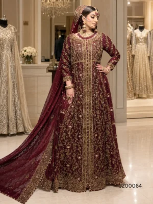 Maroon Front Open with Ivory Farshi — detail view | Jabeenz UK