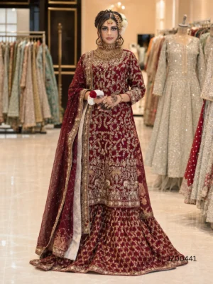 Deep Red Farshi Lehenga — detail view | Jabeenz UK