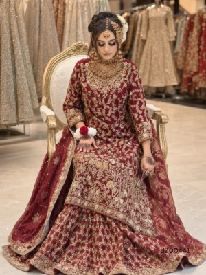 Deep Red Farshi Lehenga — back view | Jabeenz UK