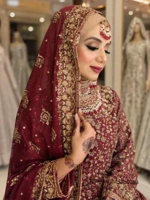 Maroon Embroidered Shirt with Lehenga — close-up view | Jabeenz UK