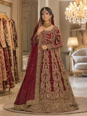 Red Chiffon Bridal Front-Open Dress with Lehenga — detail view | Jabeenz UK