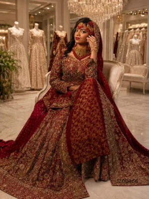 Heavily Embroidered Bridal Maxi with Banarsi Lehenga — detail view | Jabeenz UK