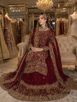 Maroon Bridal Farshi Lehenga — detail view | Jabeenz UK