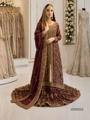 Maroon Front-Open Farshi Lehenga — detail view | Jabeenz UK