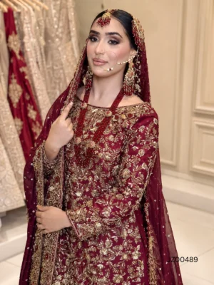 Hyderabadi-Inspired Maroon Bridal Ensemble — detail view | Jabeenz UK