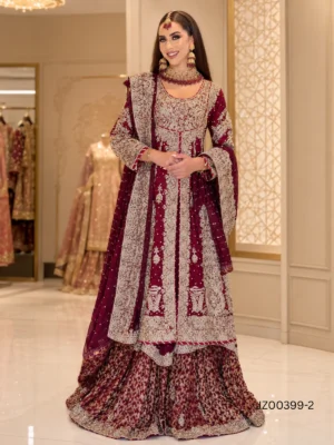 Maroon Peplum Style Bridal Farshi Lehenga — close-up view | Jabeenz UK