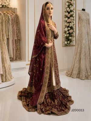 Maroon Front-Open Farshi Lehenga — back view | Jabeenz UK