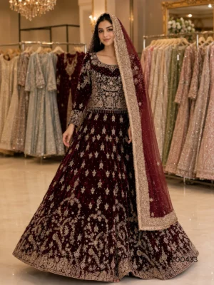 Pakistani bridal dress - Velvet Bridal Lehenga - Jabeenz Manchester