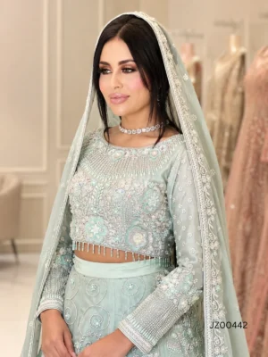 Sage Serenity Bridal Lehenga Choli in Organza — back view | Jabeenz UK