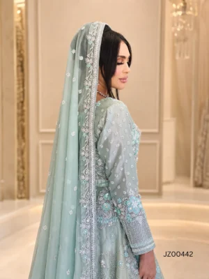 Sage Serenity Bridal Lehenga Choli in Organza — detail view | Jabeenz UK