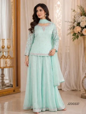 Ice Blue Party Wear Lehenga — back view | Jabeenz UK