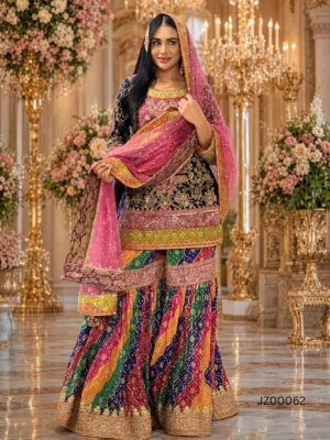 Bridal Mehndi Multicolor Gharara — close-up view | Jabeenz UK