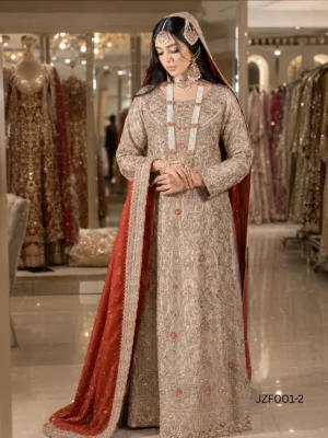 Golden & Peach Embellished Formal Nikkah Dress — detail view | Jabeenz UK