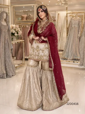 Golden Gharara with Maroon Dupatta — back view | Jabeenz UK