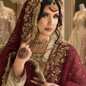 Golden Gharara Pakistani Wedding Wear with Maroon Dupatta