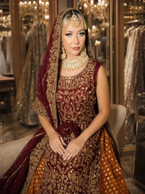Red Bridal Embroidered Lehenga — front view | Jabeenz UK