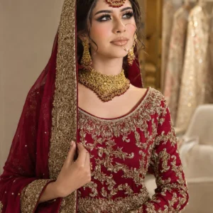 Red Chiffon Bridal Front-Open Dress with Lehenga