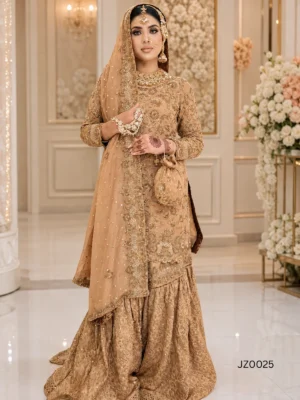 Rust Brown Embroidered Gharara — close-up view | Jabeenz UK