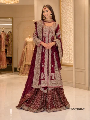 Maroon Peplum Style Bridal Farshi Lehenga — styling view | Jabeenz UK