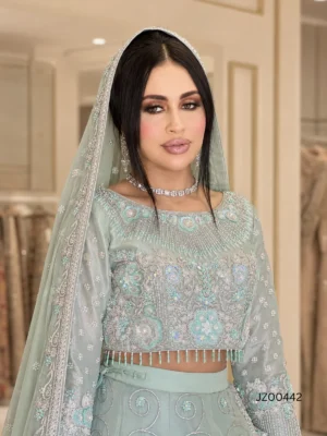 Sage Serenity Bridal Lehenga Choli in Organza — close-up view | Jabeenz UK