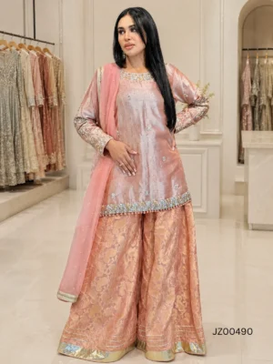 Peach Mirage Partywear Sharara Set — styling view | Jabeenz UK