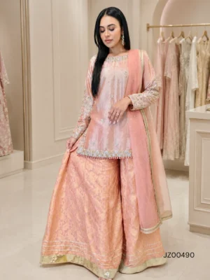 Peach Mirage Partywear Sharara Set — front view | Jabeenz UK