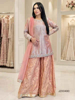 Peach Mirage Partywear Sharara Set — close-up view | Jabeenz UK