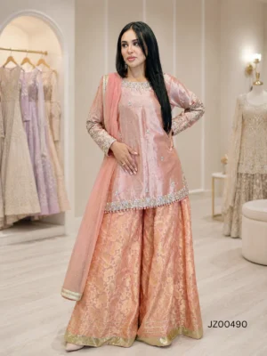 Peach Mirage Partywear Sharara Set — detail view | Jabeenz UK